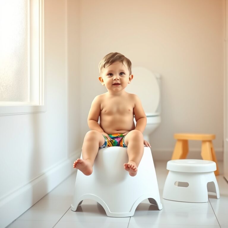 Toddler sitting independently on a small potty chair in a bright pastel bathroom with a step stool nearby.