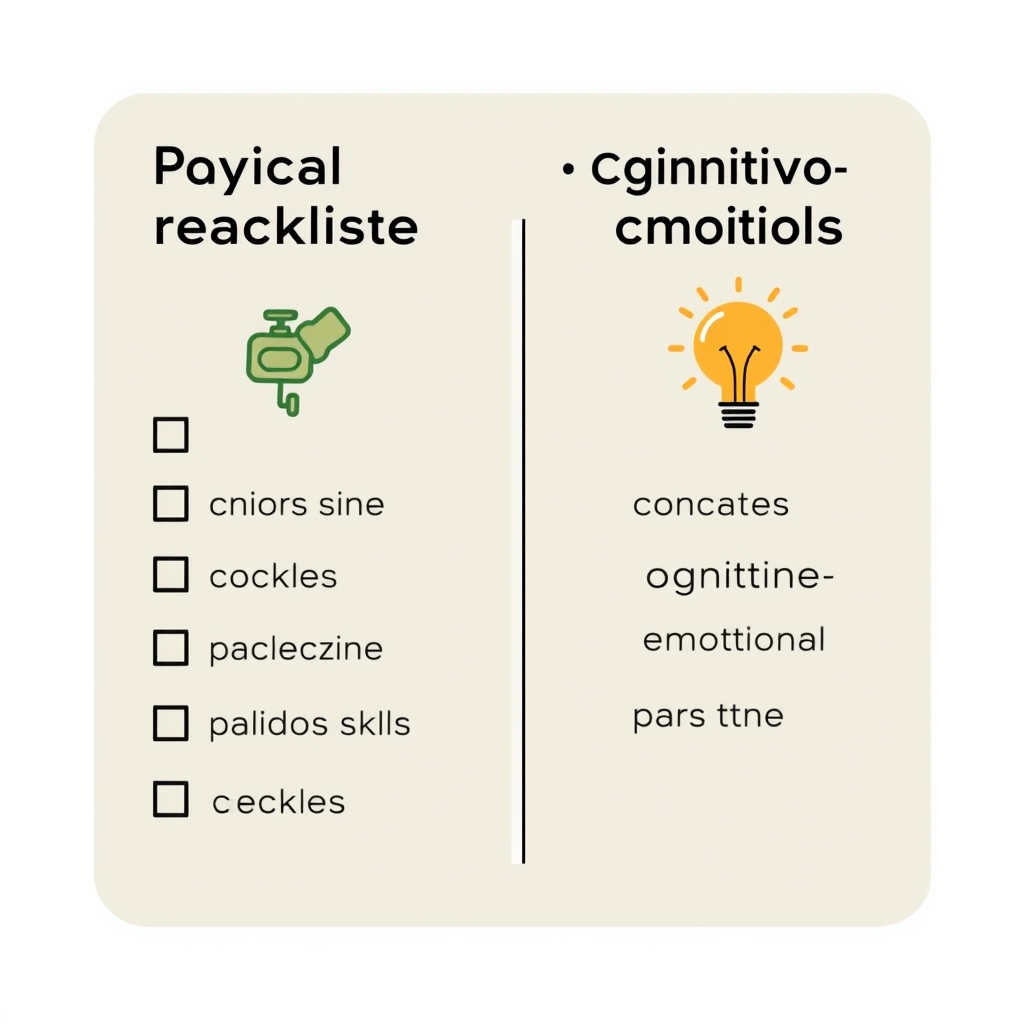 Two-column checklist diagram contrasting physical readiness cues on the left with cognitive and emotional readiness cues on the right.
