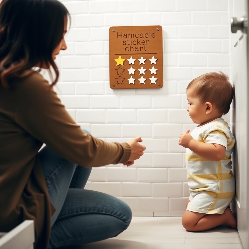 Parent kneeling beside a toddler who is placing a sticker on a reward chart mounted on a bathroom wall.