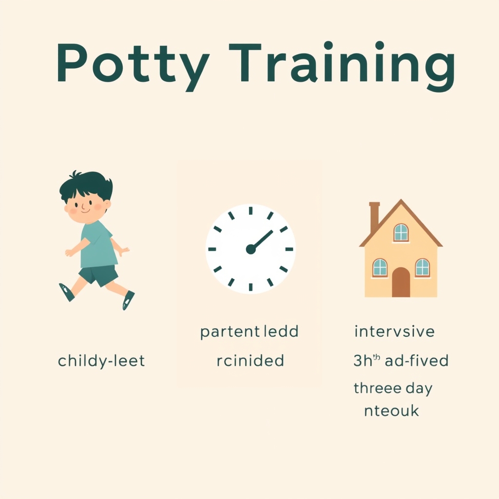 Three-panel flat illustration comparing child-led, parent-led scheduled, and three-day intensive potty training approaches.