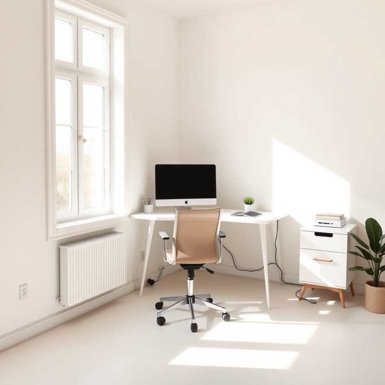 how to set up home office — Bright modern home office with a white desk, ergonomic chair, monitor at eye level, and soft natural light from a side window.