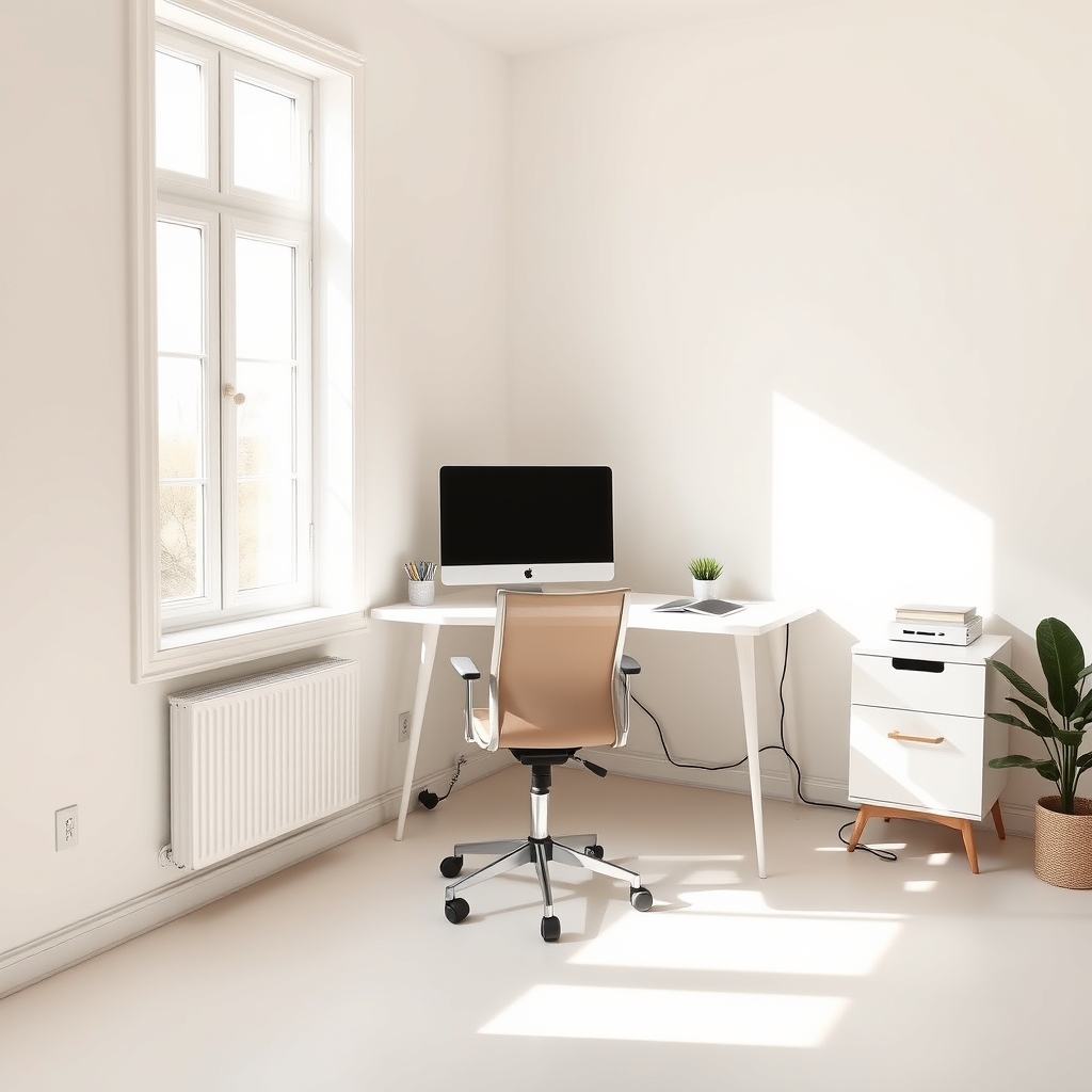 how to set up home office — Bright modern home office with a white desk, ergonomic chair, monitor at eye level, and soft natural light from a side window.