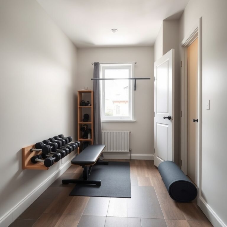 how to start a home gym — Compact home gym in a bright spare bedroom with dumbbells, a bench, pull-up bar, and rubber floor tiles.
