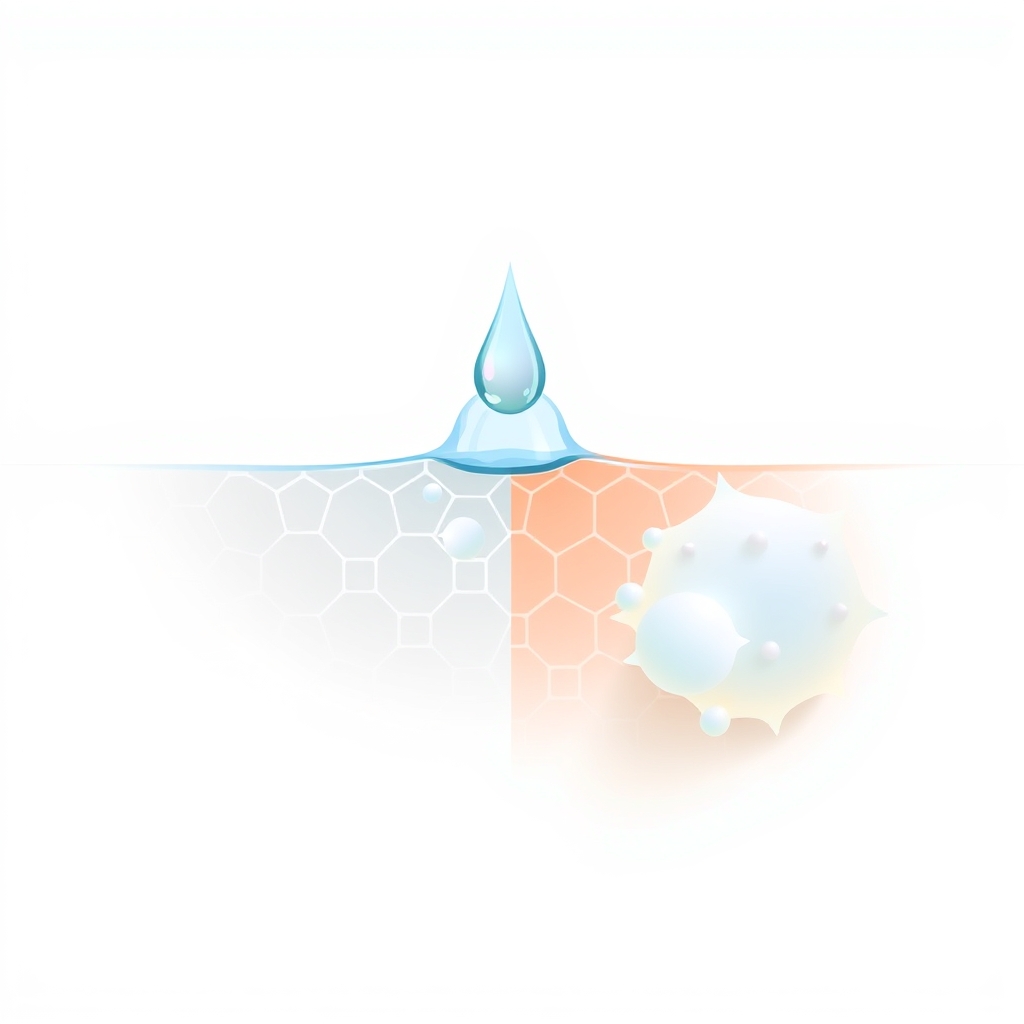 hyaluronic acid benefits — Split-panel flat illustration showing dehydrated skin cells versus plump cells after hyaluronic acid binds water molecules.