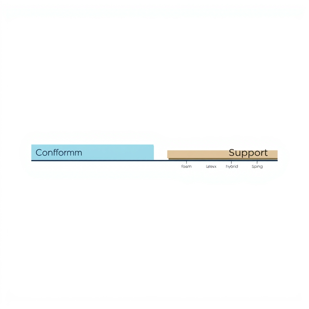 hybrid mattress benefits — Flat vector diagram plotting memory foam, latex, hybrid, and spring mattresses on a conform-versus-support spectrum scale
