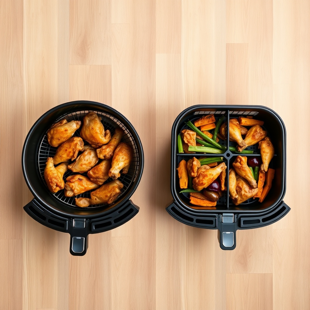 Instant Pot Vortex vs alternatives — Overhead view of a round single air fryer basket with chicken wings beside a square dual-basket model with vegetables and wings cooking simultaneously.