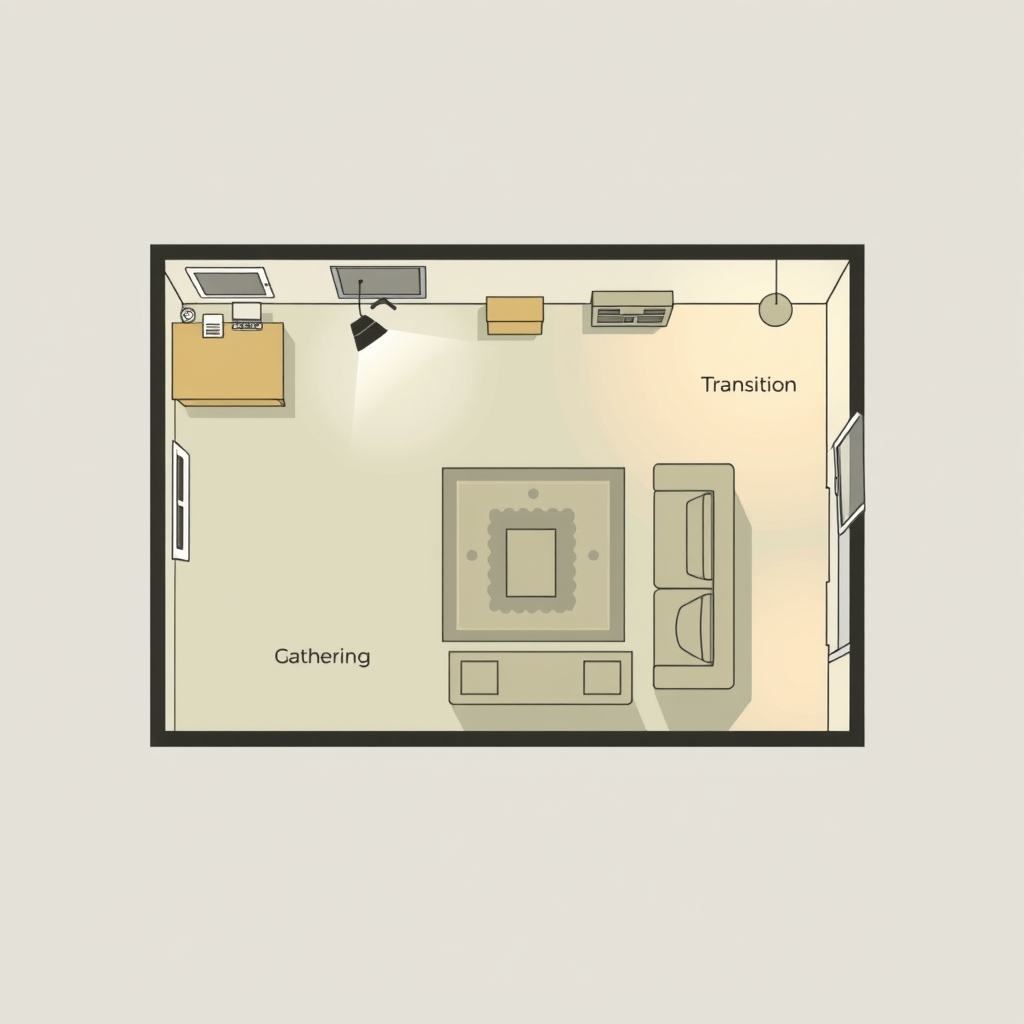 interior design tips — Overhead diagram of a room divided into three functional zones: activity, gathering, and transition, each with distinct lighting