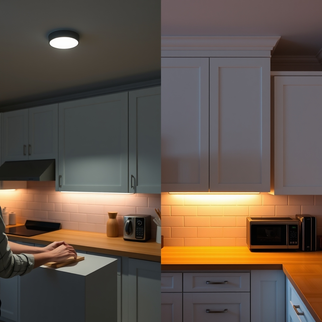 interior designer advice — Side-by-side kitchen comparison showing shadow-prone overhead-only lighting versus shadow-free under-cabinet task lighting at a prep counter