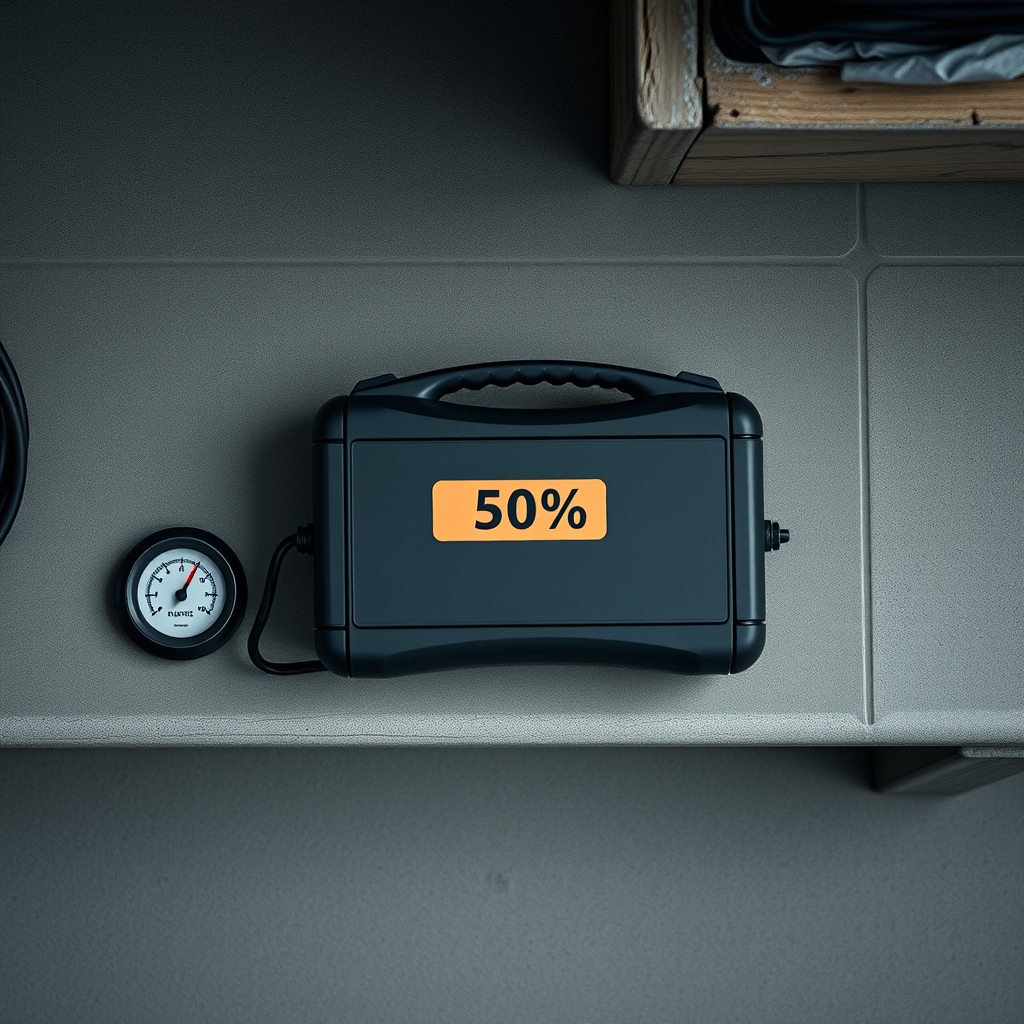 Jackery portable power station — Portable power station stored at 50 percent charge on a cool garage shelf beside a temperature gauge, illustrating ideal storage conditions.