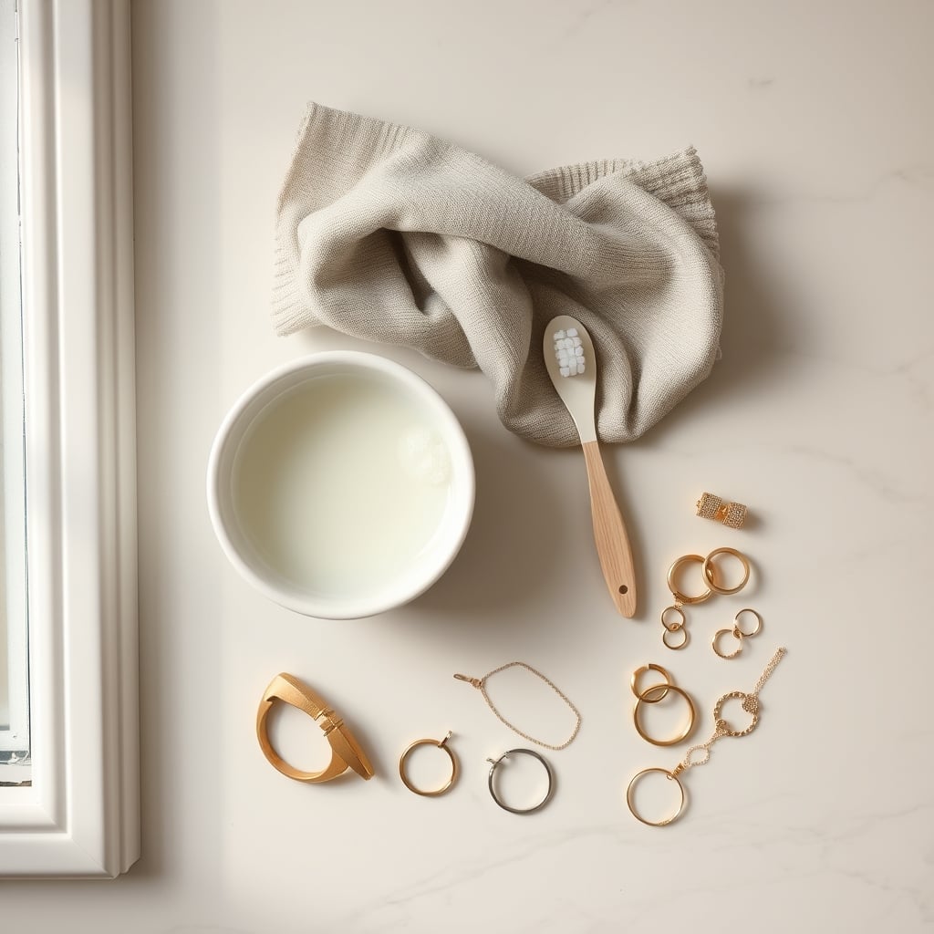jewelry cleaning solutions — Overhead view of jewelry cleaning supplies including a soapy bowl, microfiber cloth, and gold and silver pieces on marble.