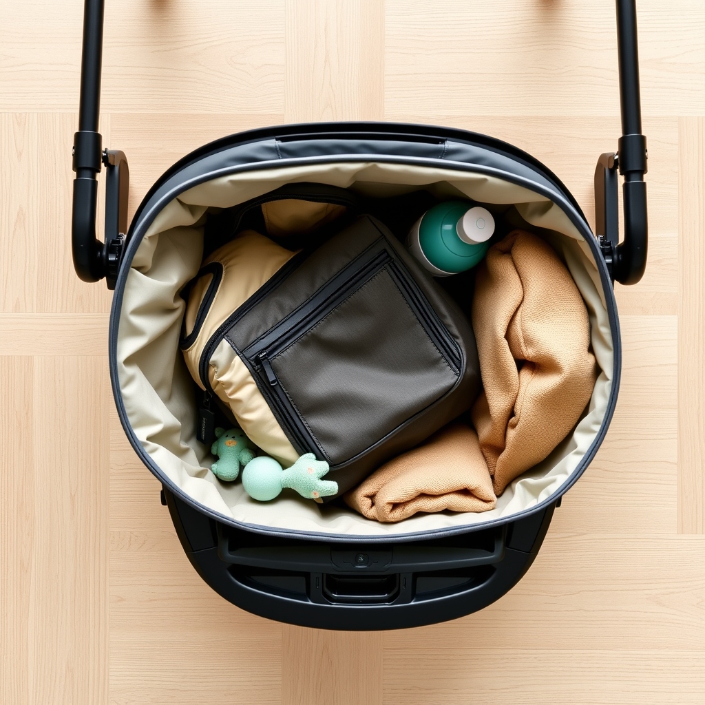 jogging stroller review — Overhead view of a stroller storage basket packed with a diaper bag, toys, water bottle, and blanket showing realistic capacity.