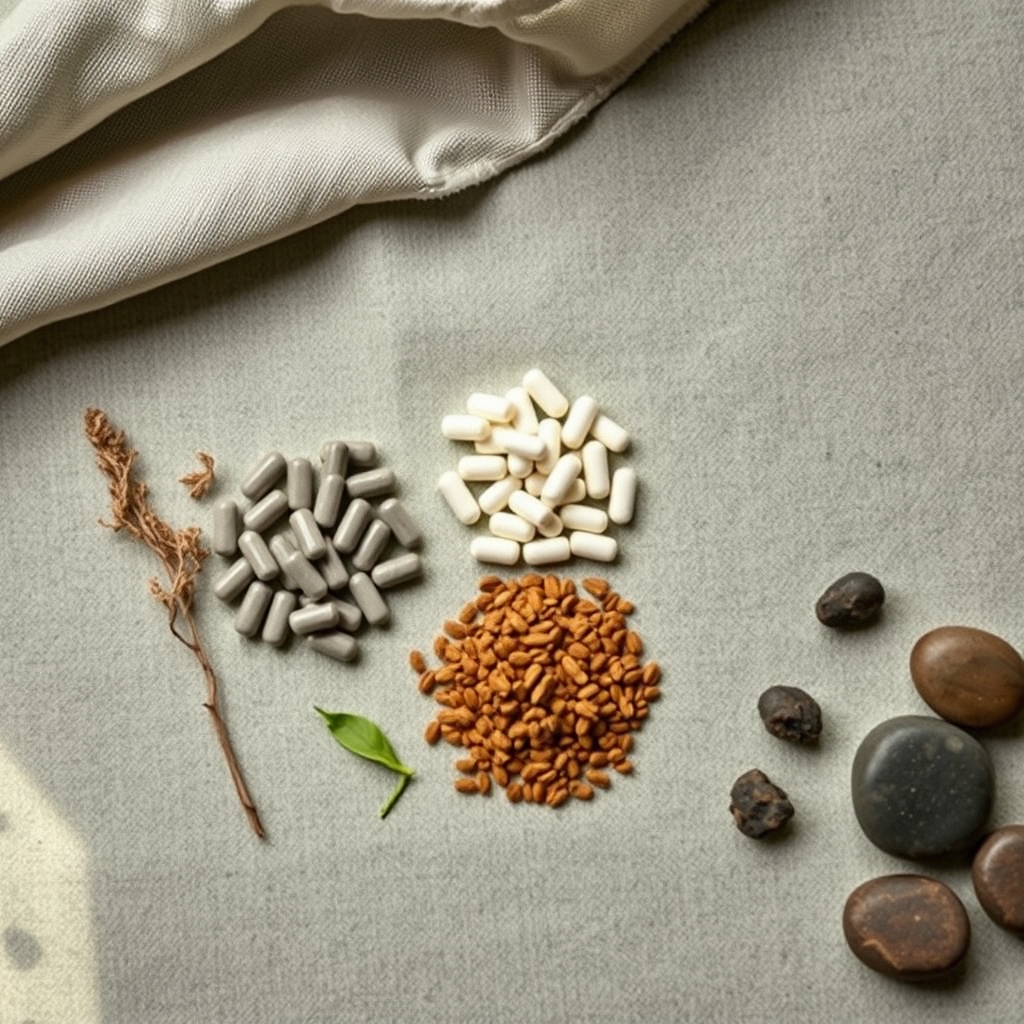 L-theanine for sleep — Flat-lay of valerian root sprigs, green tea leaf, and three piles of supplement capsules on sage linen in soft natural light.