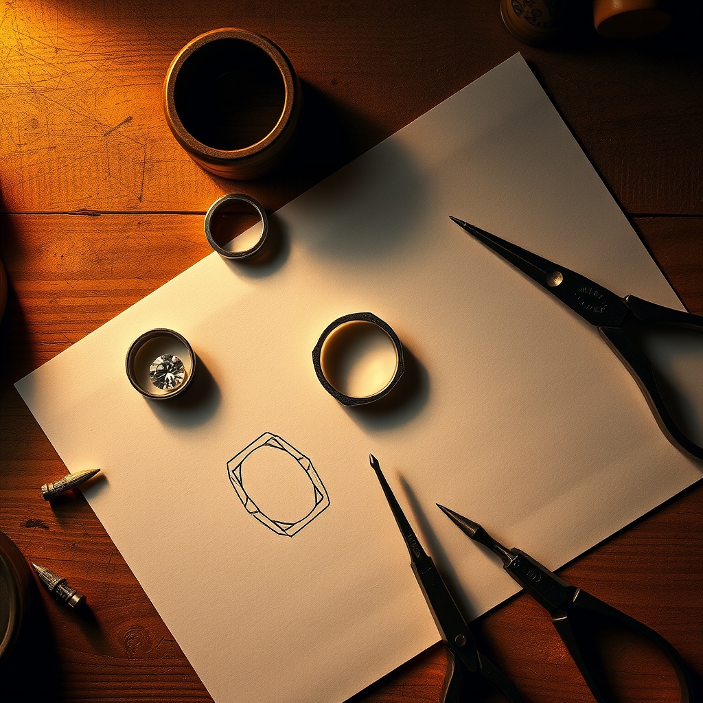 lab diamond engagement rings — Overhead flat-lay of a bespoke engagement ring being crafted on a jeweler's workbench with tools and a loose diamond