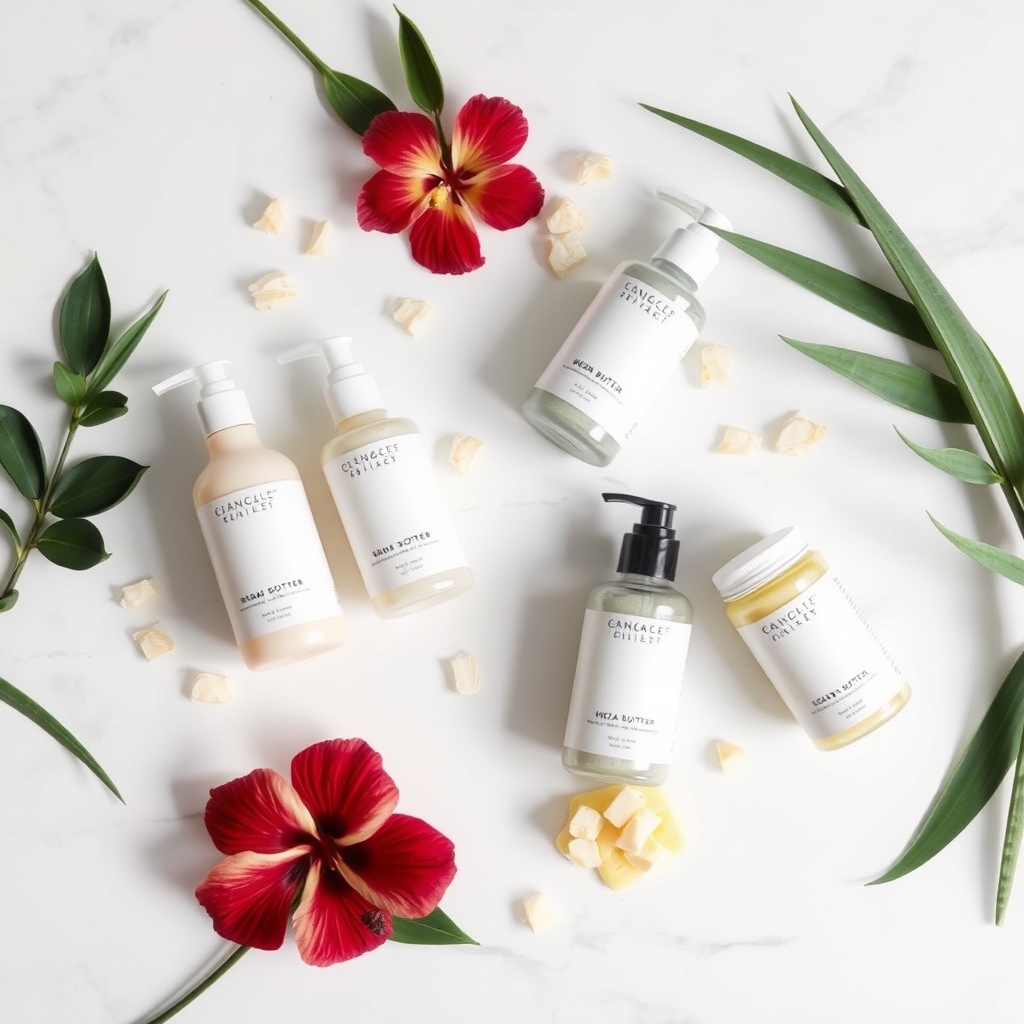leave in conditioner for all hair types — Flat-lay of assorted leave-in conditioner bottles and jars on white marble with shea butter and botanicals