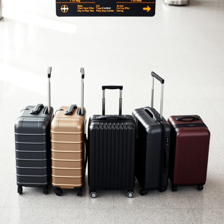 lightweight durable luggage — Five hard-shell carry-on suitcases in muted colors lined up on an airport terminal floor under soft overhead light.