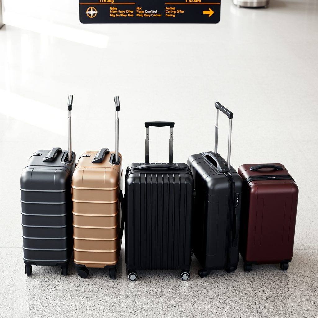 lightweight durable luggage — Five hard-shell carry-on suitcases in muted colors lined up on an airport terminal floor under soft overhead light.
