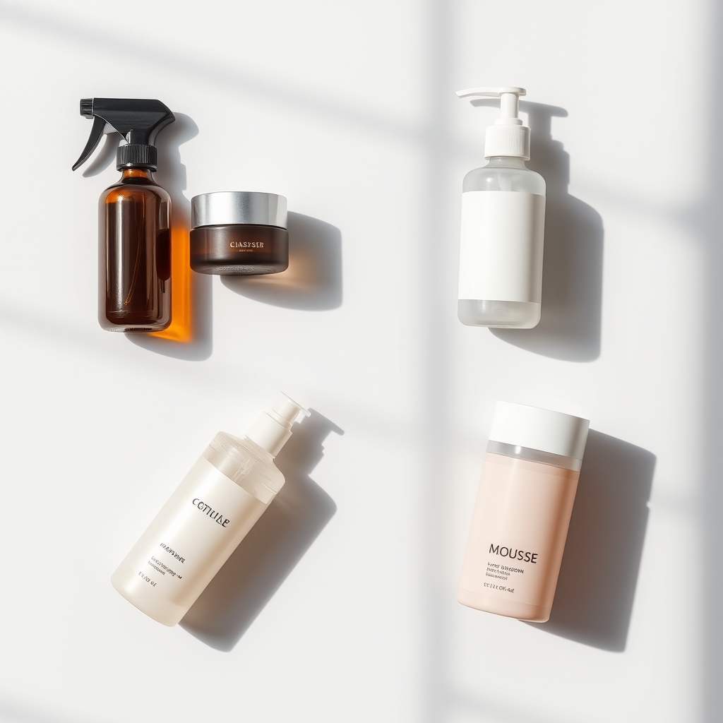 lightweight leave in conditioner — Overhead grid of four leave-in conditioner formats: spray bottle, cream jar, pump bottle, and mousse canister on gray