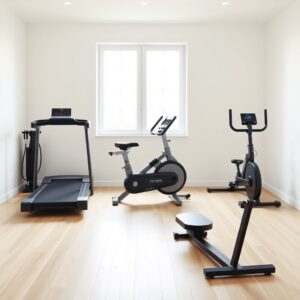 low-impact cardio equipment — A treadmill, stationary bike, and rowing machine displayed side by side in a bright minimalist home gym.