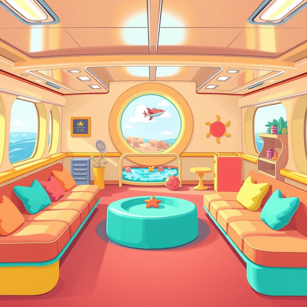 luxury cruise lines — Bright, ocean-themed cruise ship kids' club room with colorful seating, activity stations, and a porthole view of the sea.