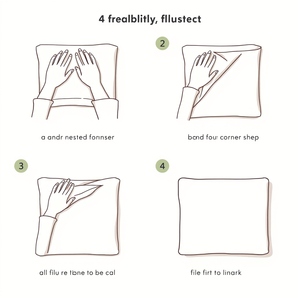 luxury linen care guide — Four-step illustrated diagram showing the hand positions for correctly folding a fitted sheet into a neat rectangle