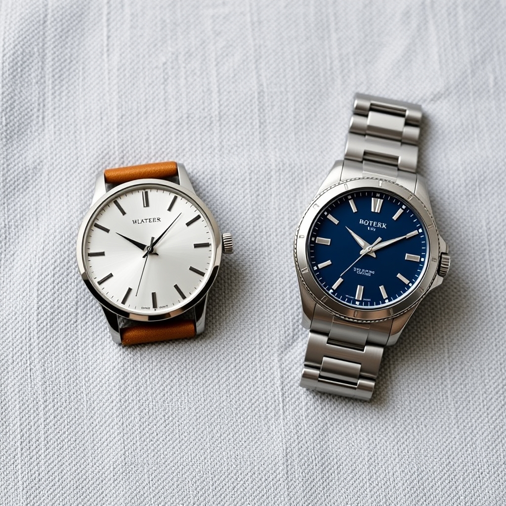 luxury watches under $2000 — A slim dress watch with silver sunburst dial beside a sport diver with matte blue dial, both on grey linen background
