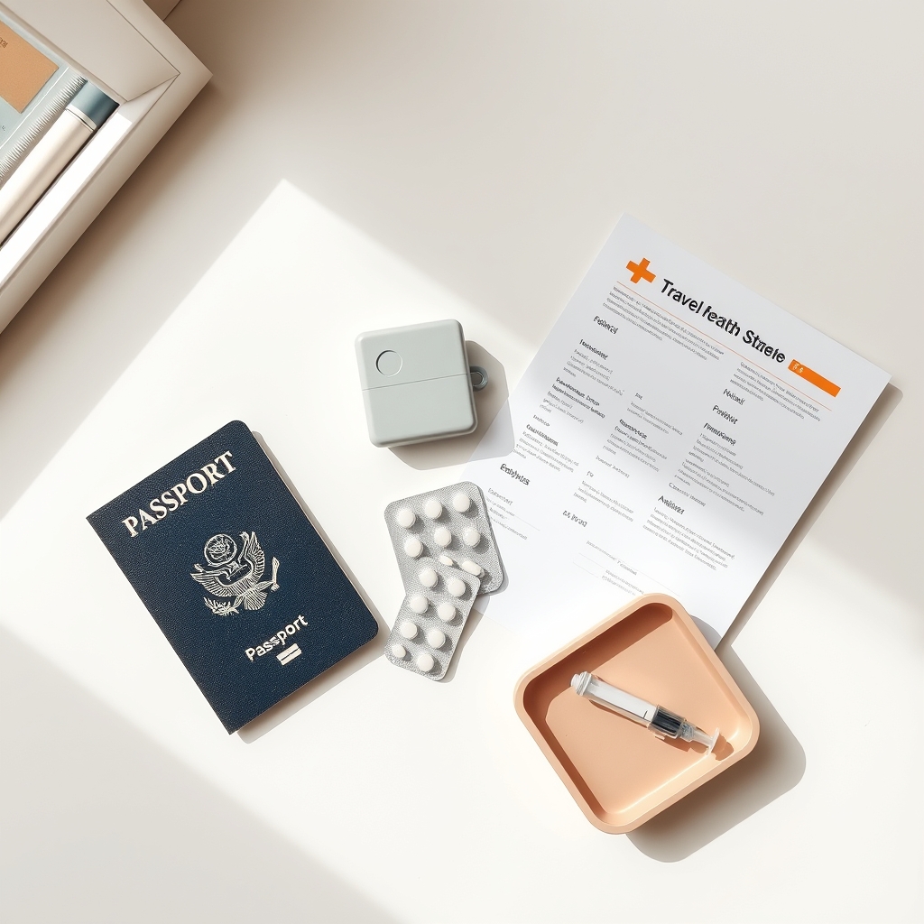 malaria prevention medications — Flat-lay of travel health essentials: passport, pill pack, syringe tray, and itinerary on a white desk
