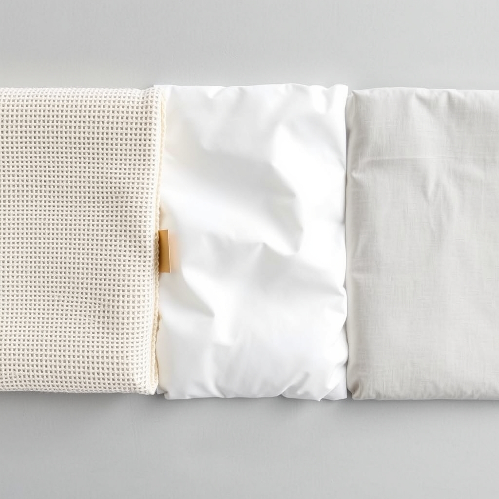 mattress encasement — Three mattress protector fabric swatches side by side showing bamboo-rayon, polyurethane-backed, and non-woven polyester textures.