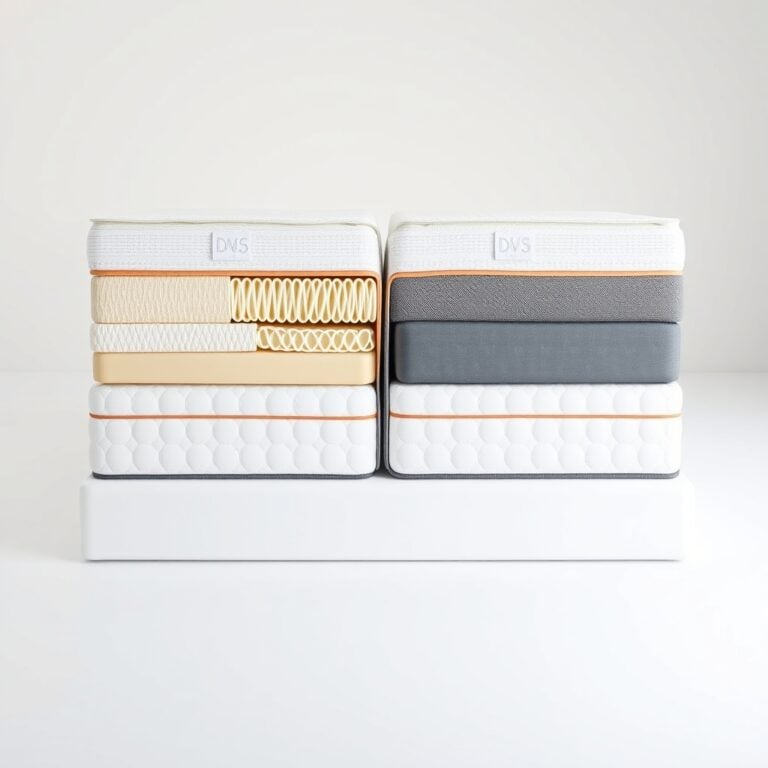 mattress types comparison — Cross-section cutaway of four mattress types side by side showing foam, latex, hybrid, and spring interior layers