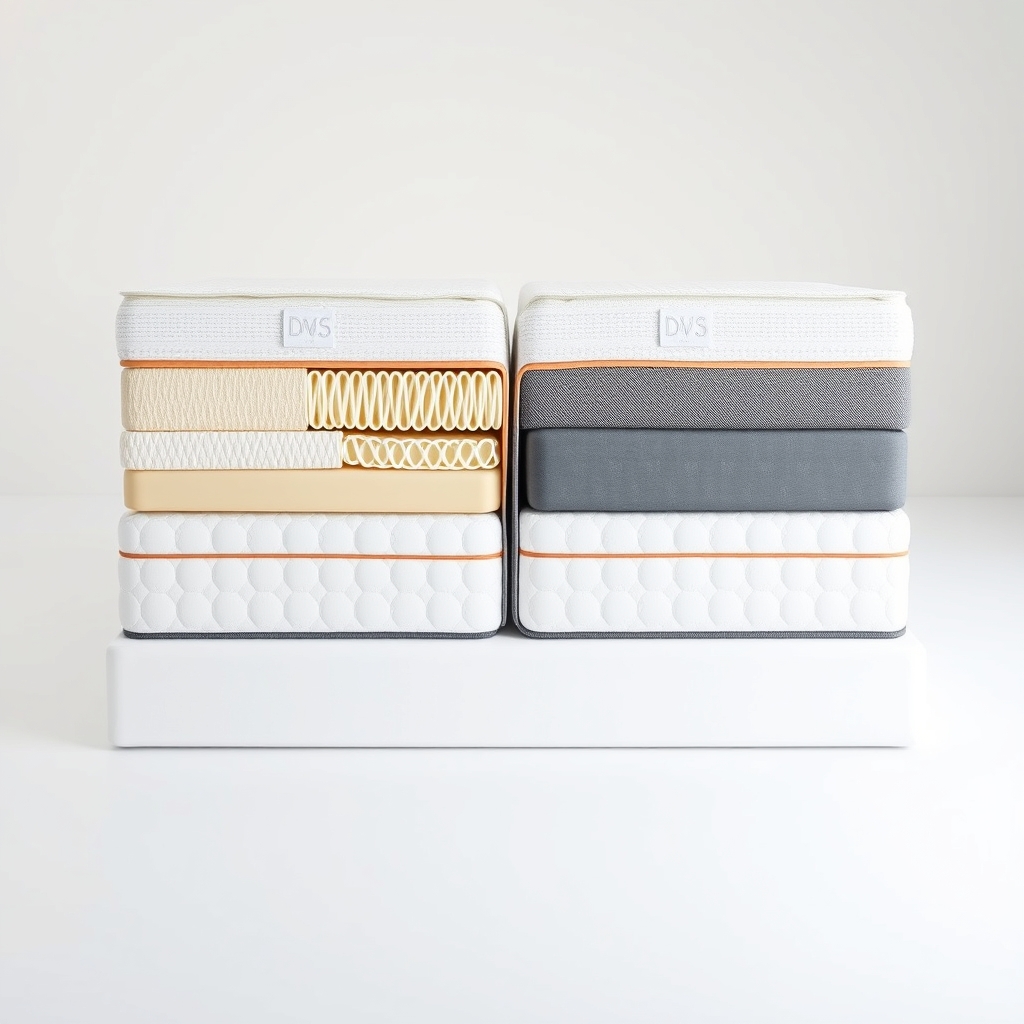mattress types comparison — Cross-section cutaway of four mattress types side by side showing foam, latex, hybrid, and spring interior layers