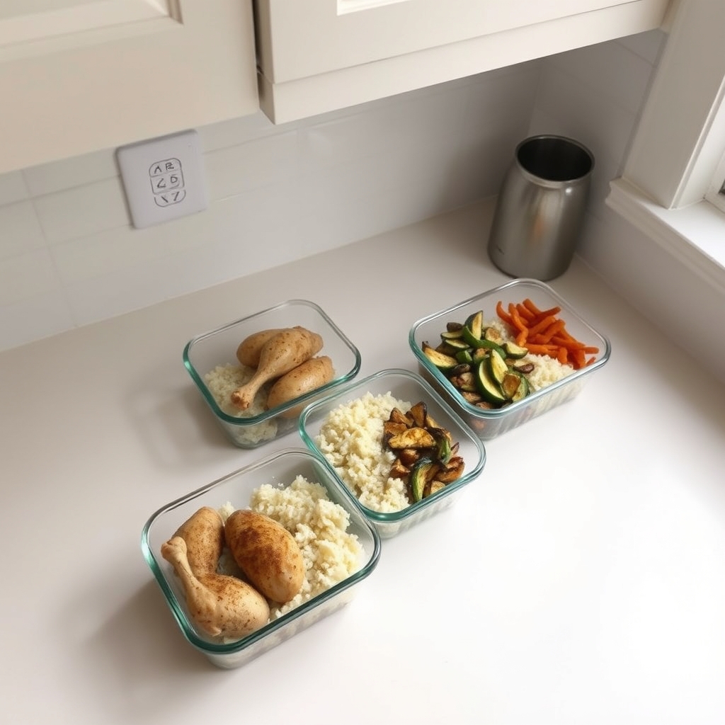 Three glass meal prep containers with portioned chicken, rice, and roasted vegetables on a clean kitchen counter in soft natural light.