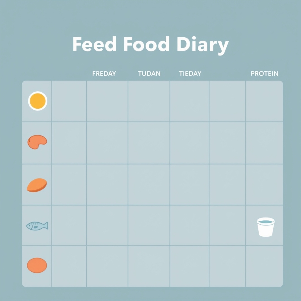 Flat vector weekly meal grid showing protein source icons — egg, chicken, fish, yogurt — repeating across seven days of the week.