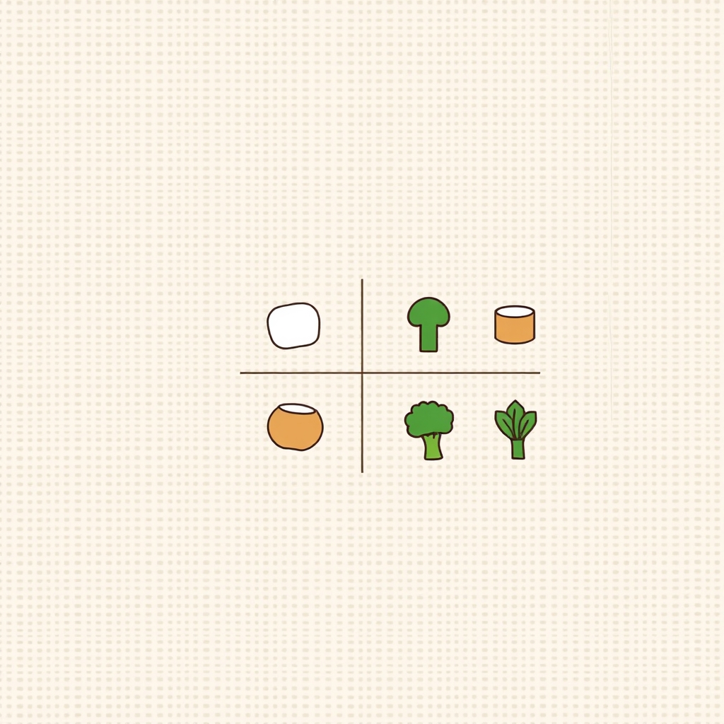 Three-by-three grid of minimalist food icons showing three proteins, three starches, and three vegetables as a mix-and-match meal planning matrix.