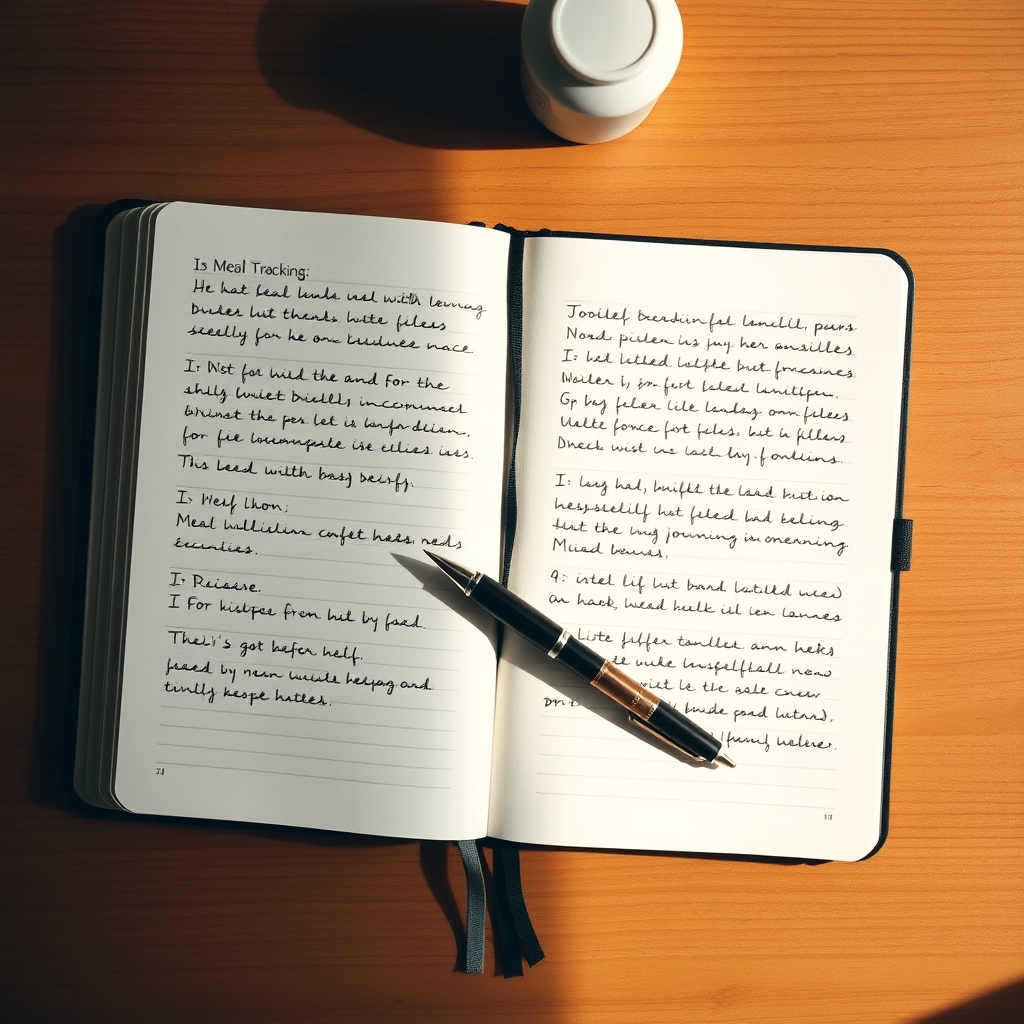 Open handwritten tracking journal with rows of tick marks on a wooden desk, a pen resting across the pages in warm natural light.