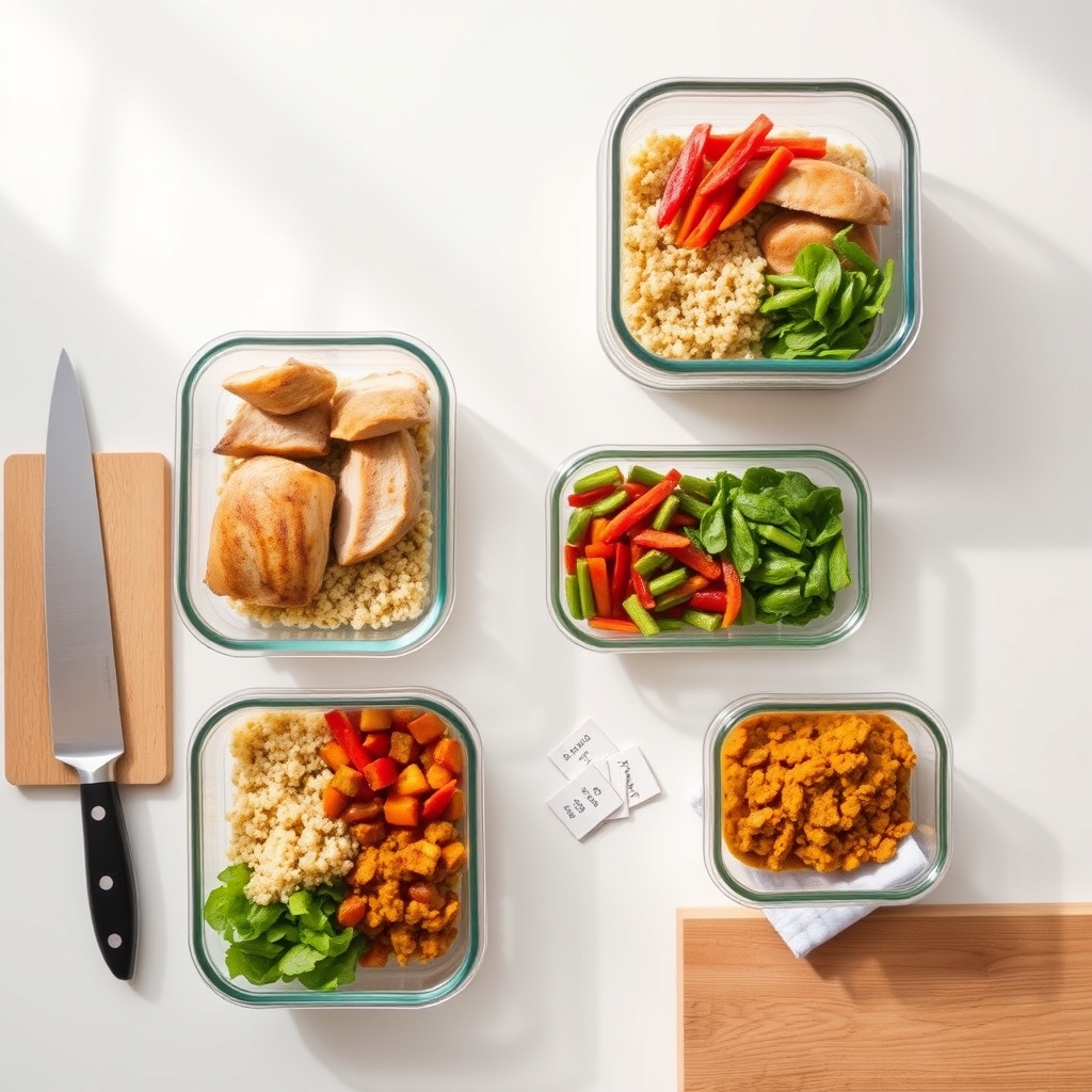 meal prep containers — Overhead view of five glass meal-prep containers filled with portioned chicken, grains, and roasted vegetables on a white countertop.
