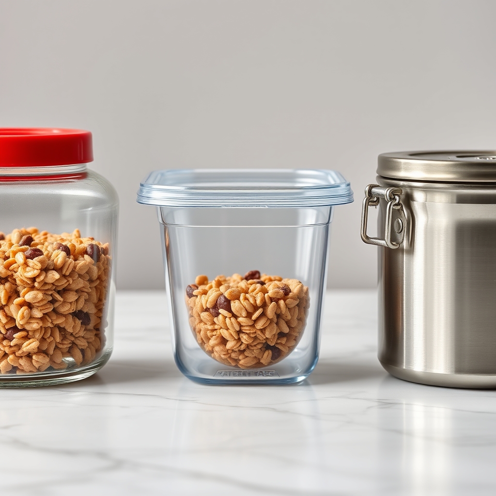 meal prep guide — Three meal-prep containers side by side—glass, BPA-free plastic, and stainless steel—each holding a small grain bowl portion on a marble surface.