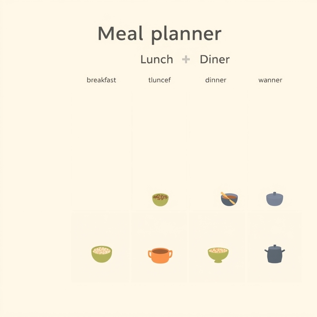 meal prep recipes — Flat illustration of a weekly meal-plan grid with breakfast, lunch, and dinner rows and simple food icons in each cell.