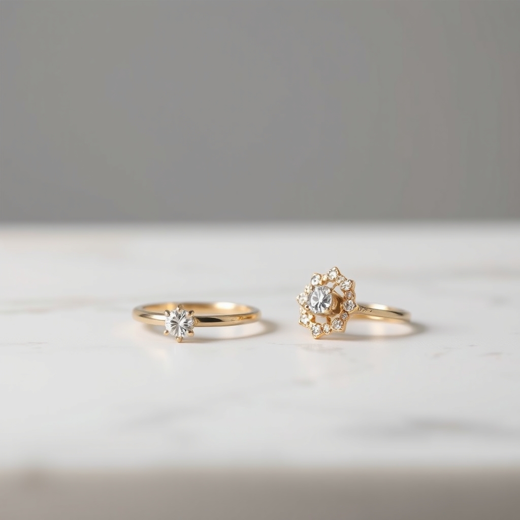 Two lab-grown diamond solitaire rings displayed side by side on white marble under soft studio lighting.