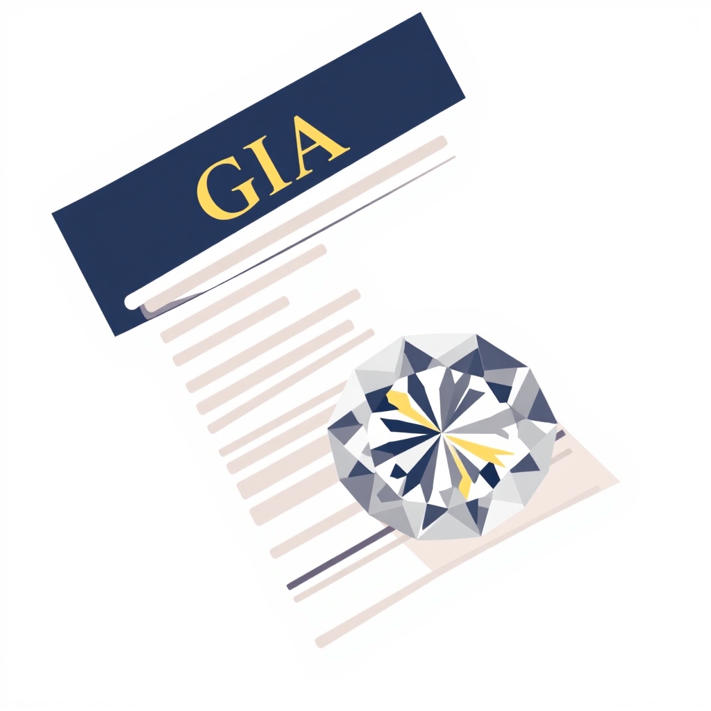 Illustrated GIA diamond grading report document overlapping a faceted round brilliant cut diamond on a neutral background.
