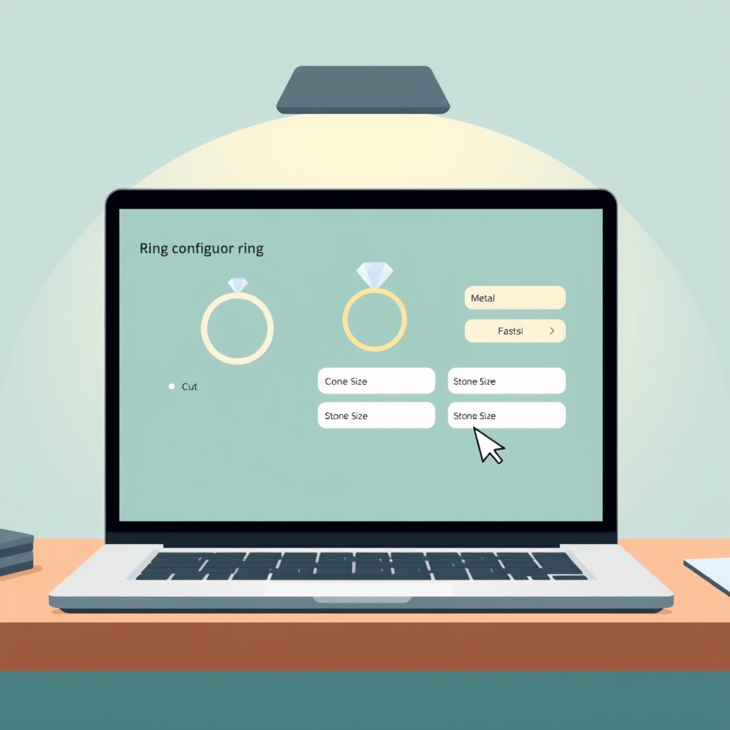 Flat vector illustration of a laptop displaying an interactive diamond ring configurator with abstract dropdown menus and a ring silhouette.