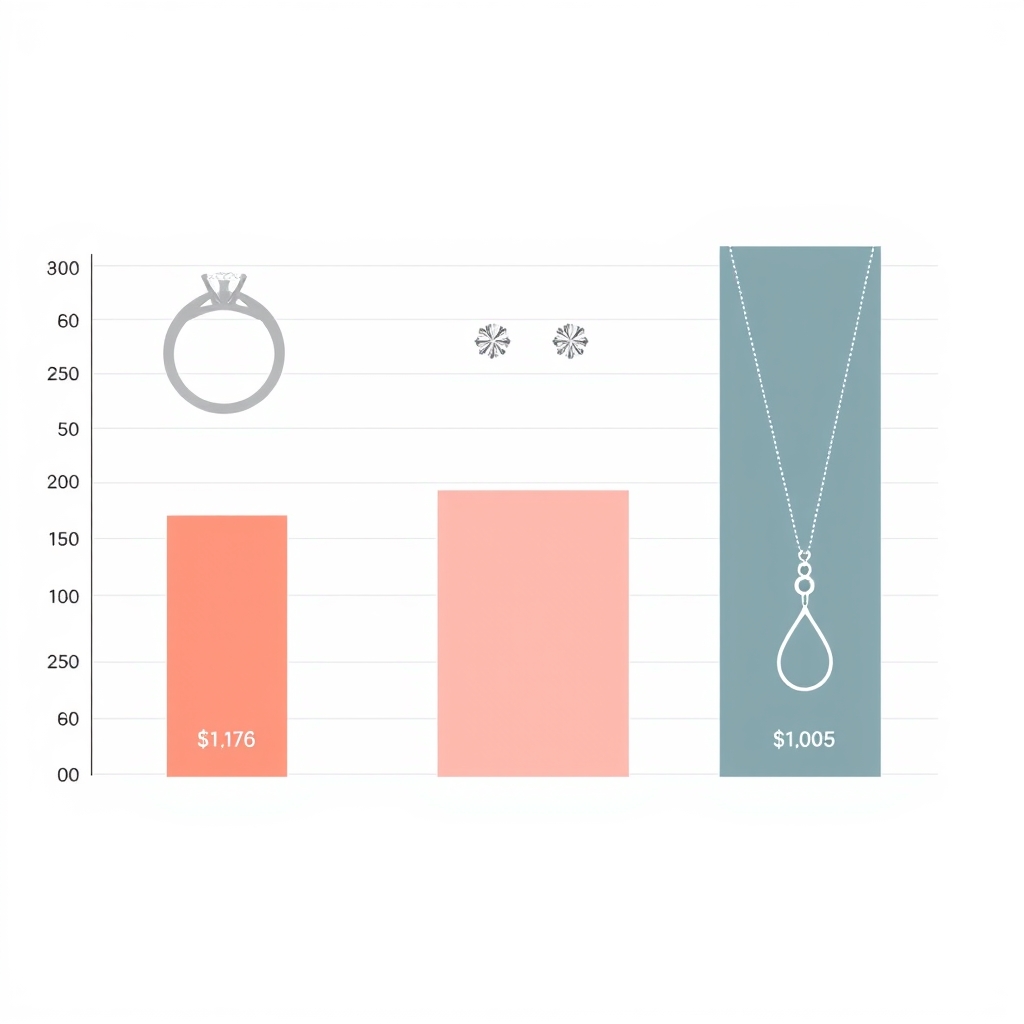 Flat illustration comparing price ranges for a ring, stud earrings, and pendant necklace across two abstract brand columns using bar lengths.