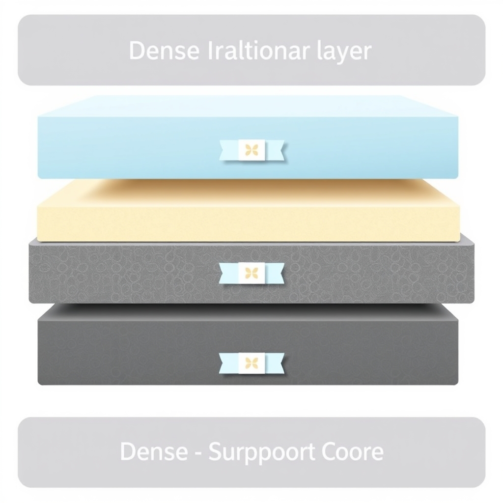 memory foam mattress comparison — Cross-section diagram of a memory foam mattress showing three distinct layers: soft comfort foam, transitional polyfoam, and dense support core.