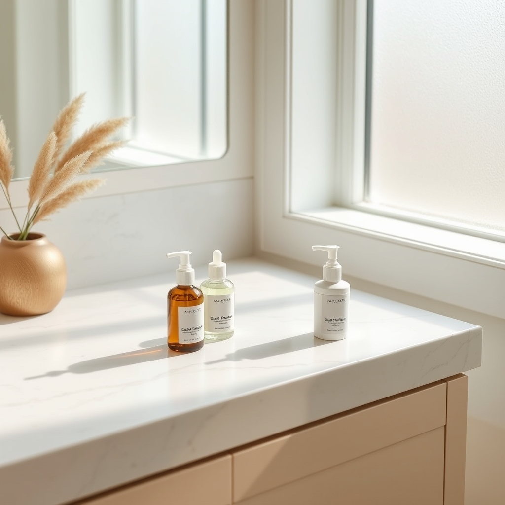 Four minimalist skincare bottles neatly arranged on a white marble bathroom countertop in soft morning light.