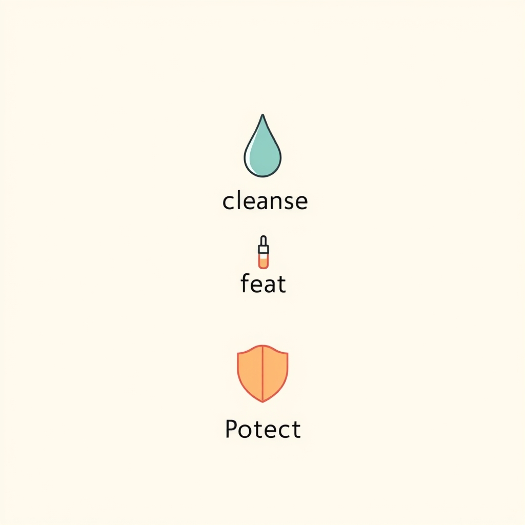 Flat icon diagram of three skincare steps — cleanse, treat, protect — shown as stacked blocks with geometric icons.