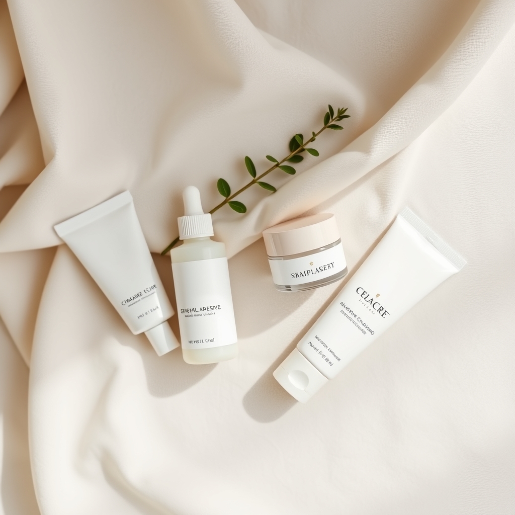 Overhead flat-lay of a cleanser, serum, moisturizer, and sunscreen on a beige linen cloth with a green plant sprig.