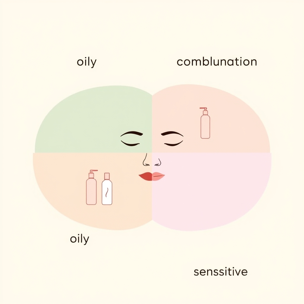 Four-quadrant illustration representing oily, dry, combination, and sensitive skin types with corresponding product icons.