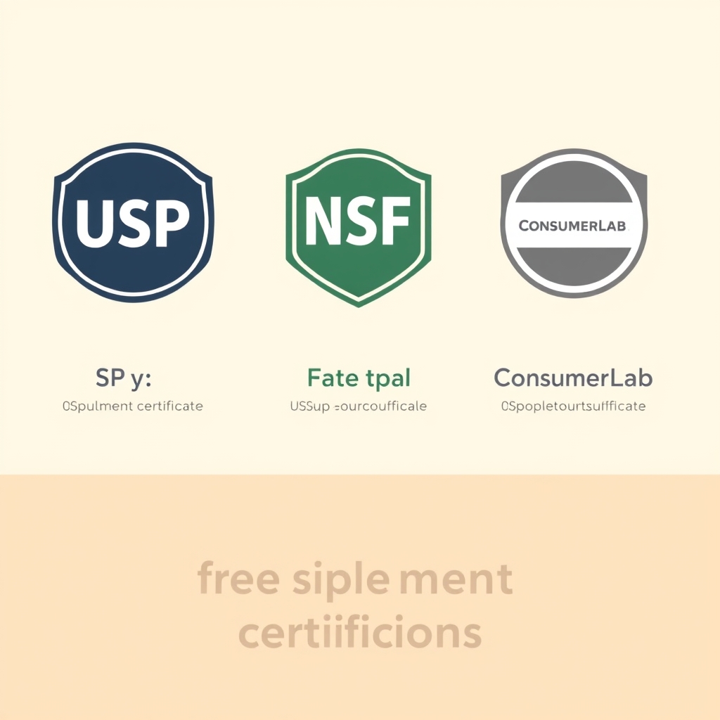 multivitamin for men women — Flat vector icons of USP, NSF, and ConsumerLab supplement certification shields with short descriptor text beneath each.