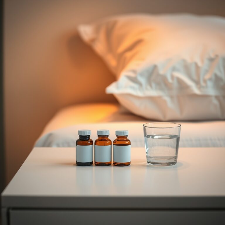 natural sleep aid supplements — Four amber supplement bottles on a nightstand beside a water glass, soft warm lamplight, calm bedroom at dusk.