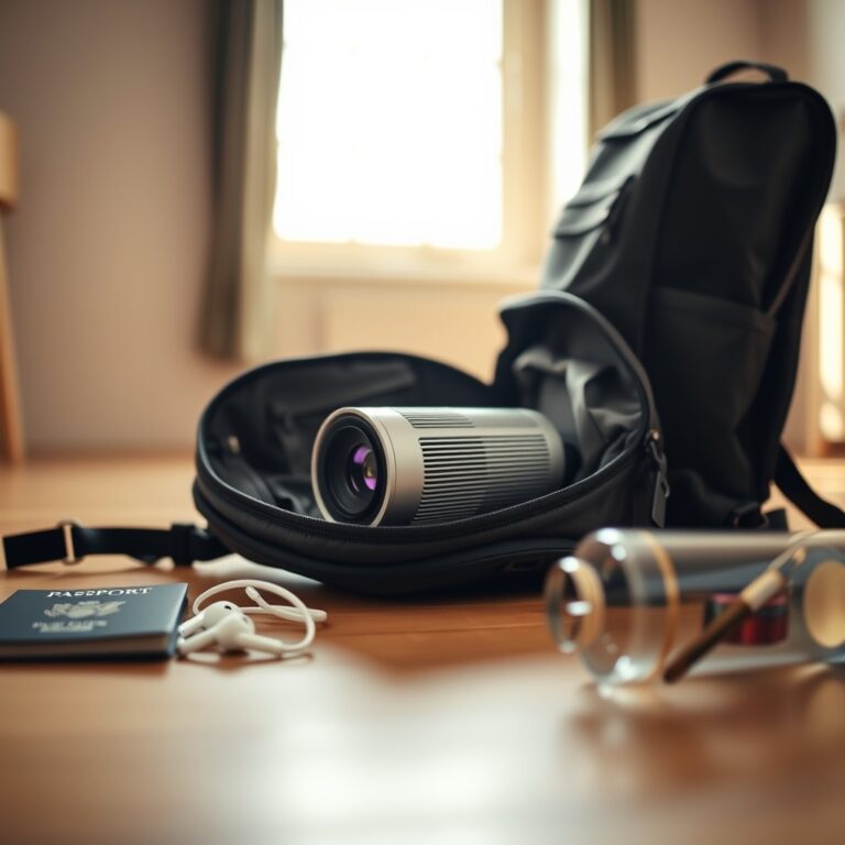 nebula projector review — A compact portable projector nestled inside an open backpack alongside travel items on a wooden floor