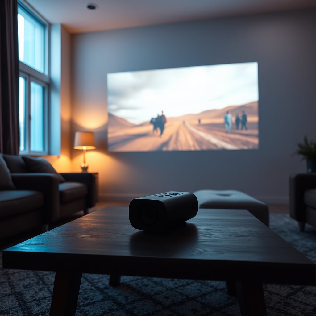 nebula projector worth it — A small portable projector on a coffee table projecting a vivid large-screen image in a darkened living room