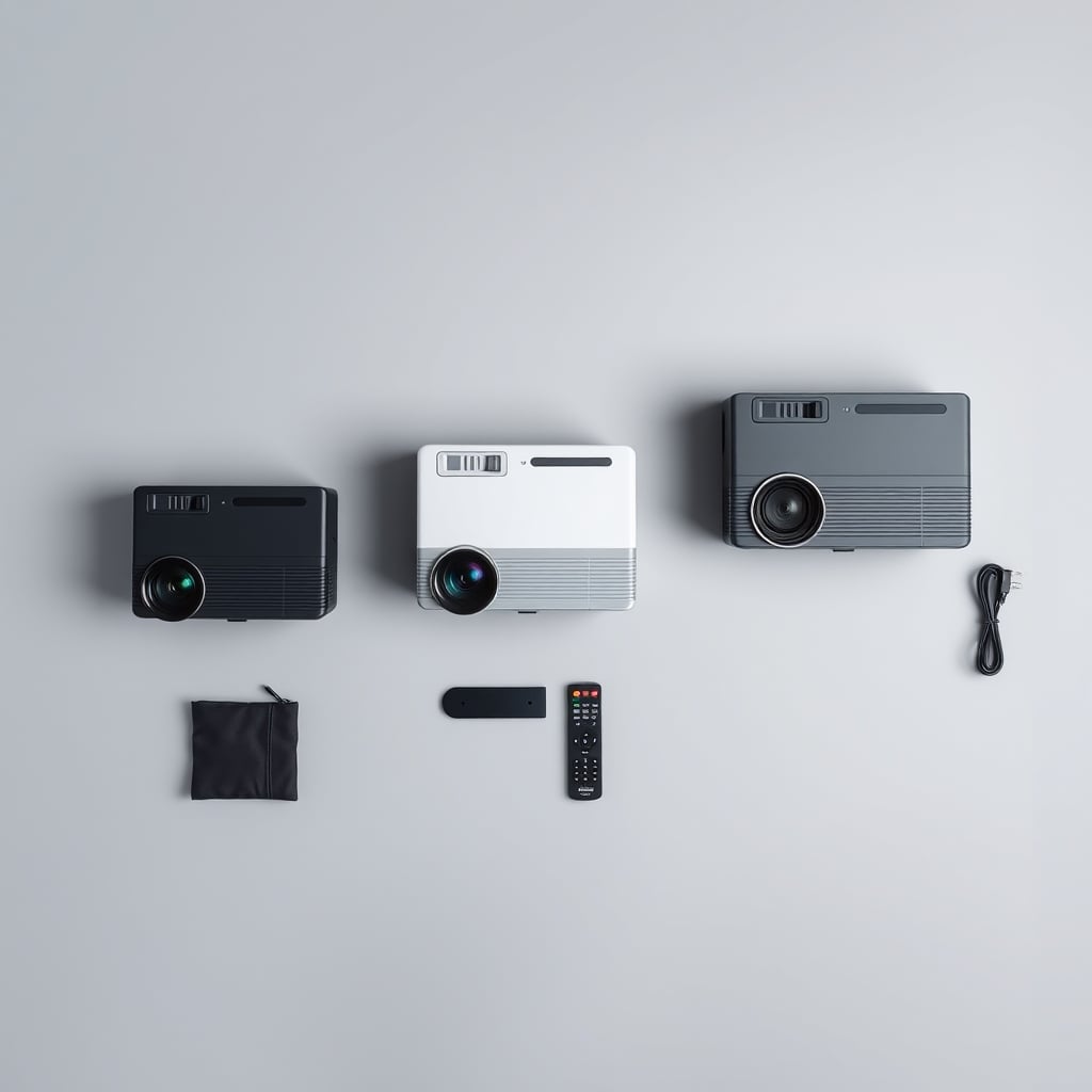 nebula vs competitors — Three portable projectors of increasing size arranged side by side in an overhead flat-lay product comparison shot